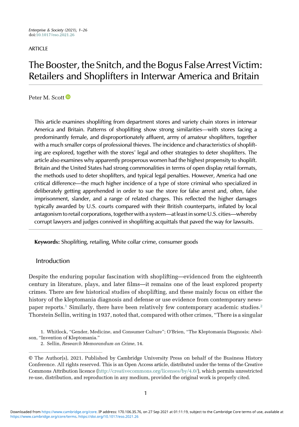 The Booster, the Snitch, and the Bogus False Arrest Victim: Retailers and Shoplifters in Interwar America and Britain