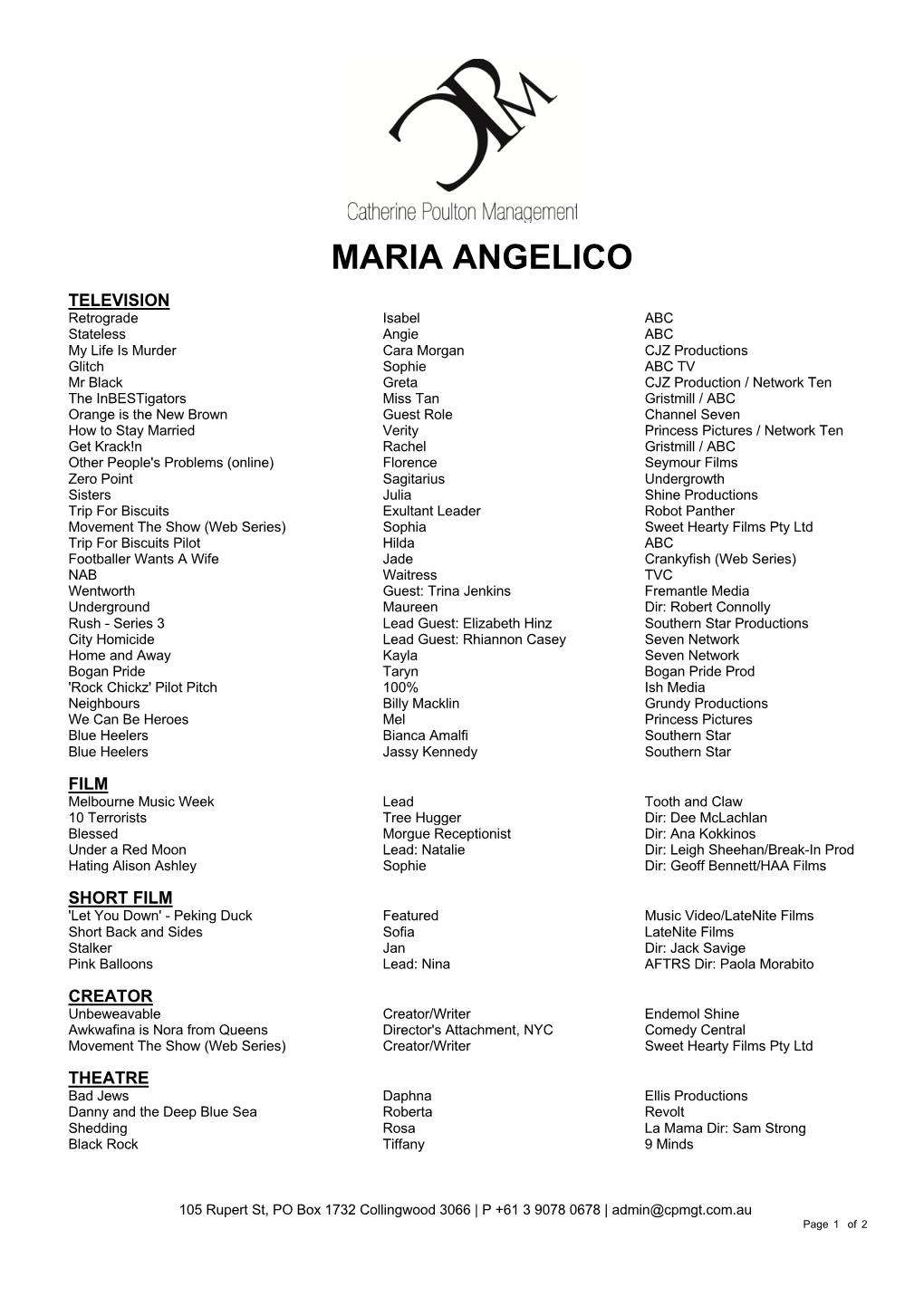 MARIA ANGELICO Theatrical Resume