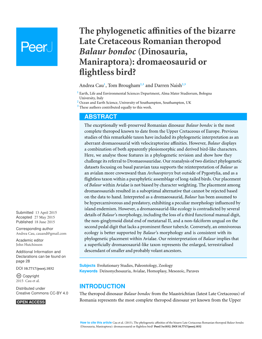 The Phylogenetic Affinities of the Bizarre Late Cretaceous Romanian Theropod Balaur Bondoc (Dinosauria, Maniraptora): Dromaeosaurid Or Flightless Bird?