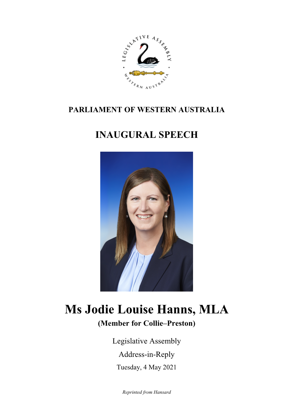 Ms Jodie Louise Hanns, MLA (Member for Collie–Preston)