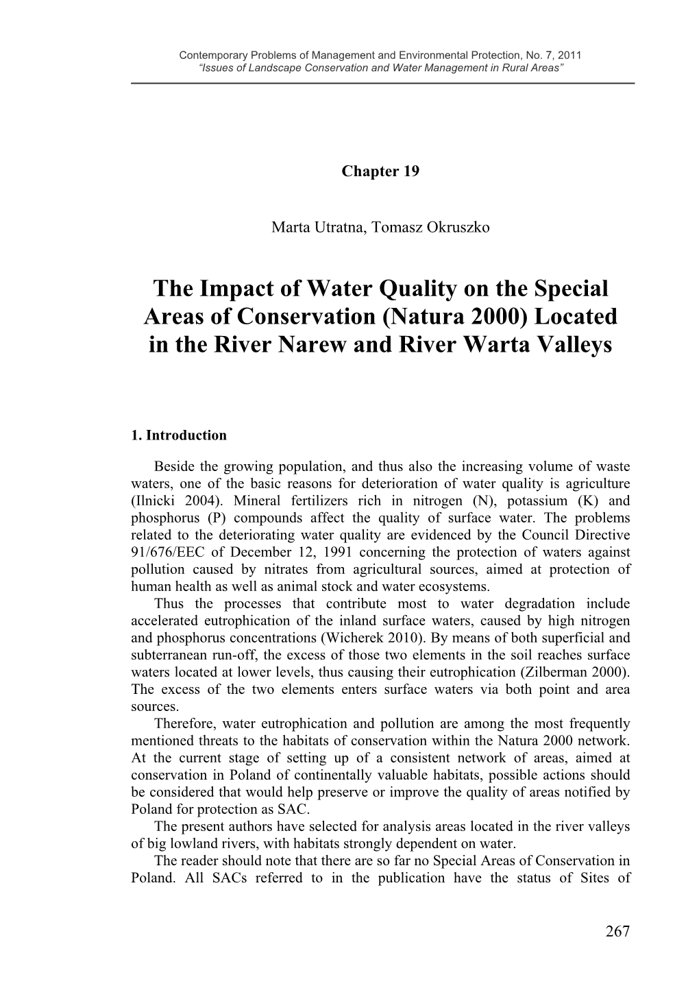 The Impact of Water Quality on the Special Areas of Conservation (Natura 2000) Located in the River Narew and River Warta Valleys