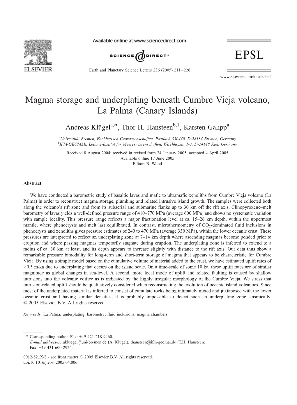 Magma Storage and Underplating Beneath Cumbre Vieja Volcano, La Palma (Canary Islands)