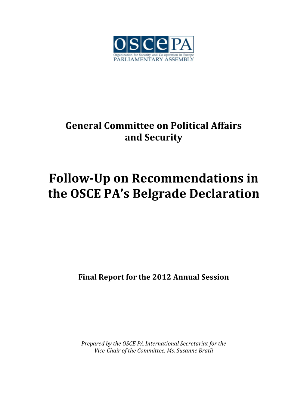 Follow-Up on Recommendations in the OSCE PA's Belgrade Declaration