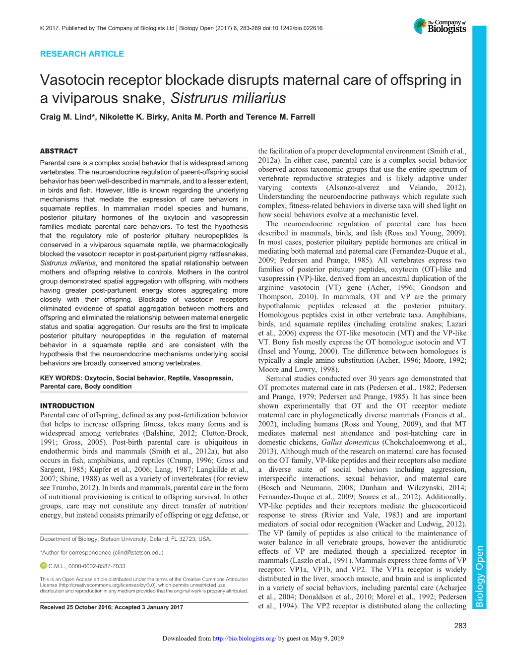 Vasotocin Receptor Blockade Disrupts Maternal Care of Offspring in a Viviparous Snake, Sistrurus Miliarius Craig M