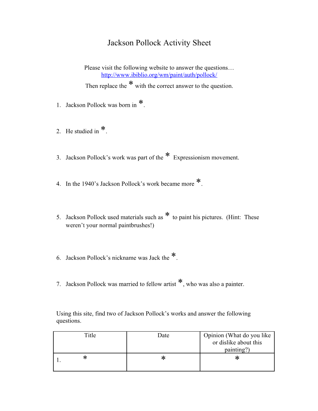 Jackson Pollock Activity Sheet