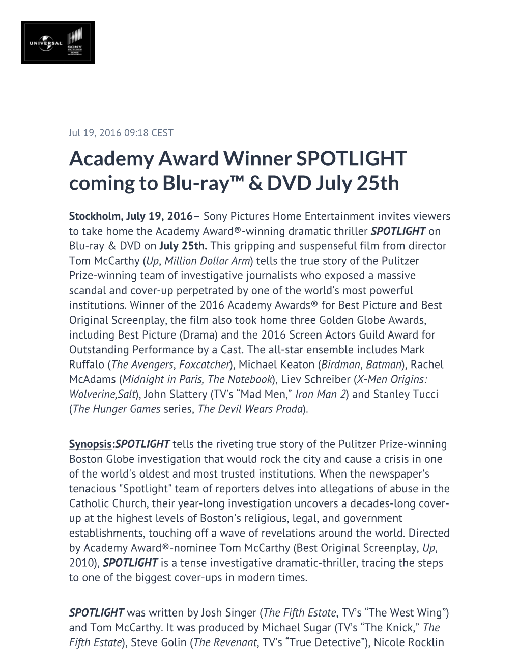 Academy Award Winner SPOTLIGHT Coming to Blu-Ray™ & DVD July 25Th
