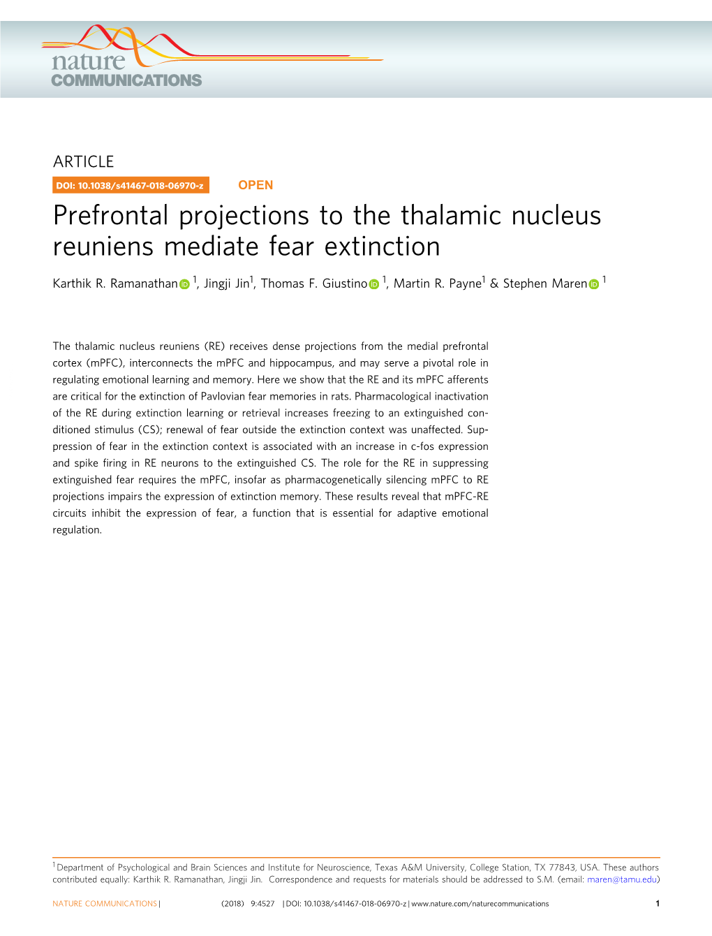 Prefrontal Projections to the Thalamic Nucleus Reuniens Mediate Fear Extinction