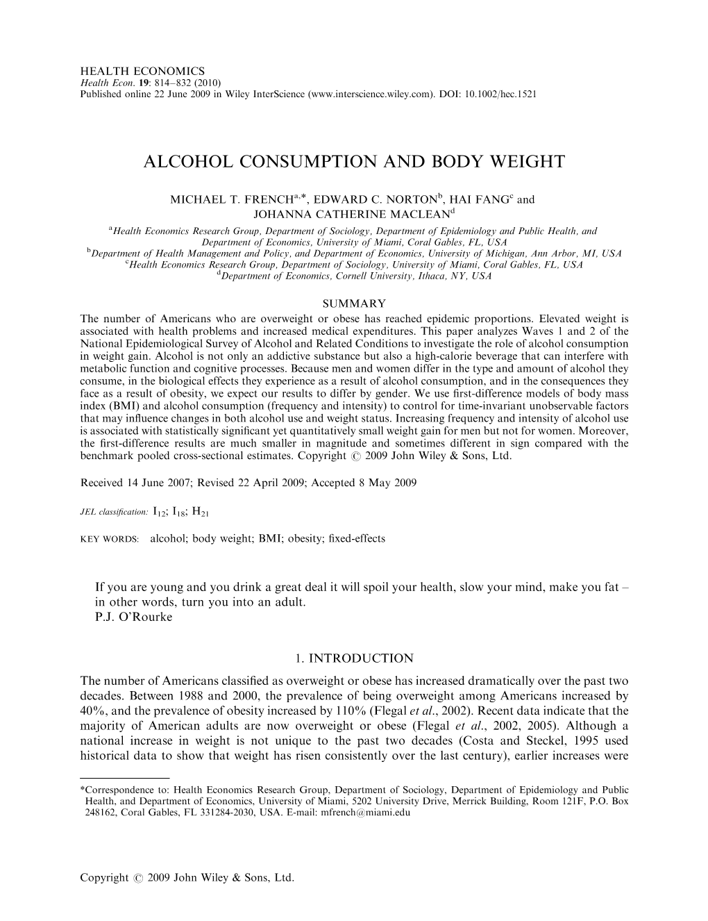 Alcohol Consumption and Body Weight