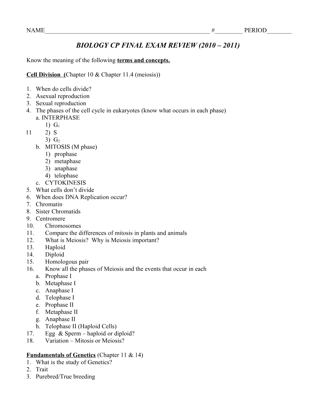 Biology Cp Final Exam Review (2010 2011)