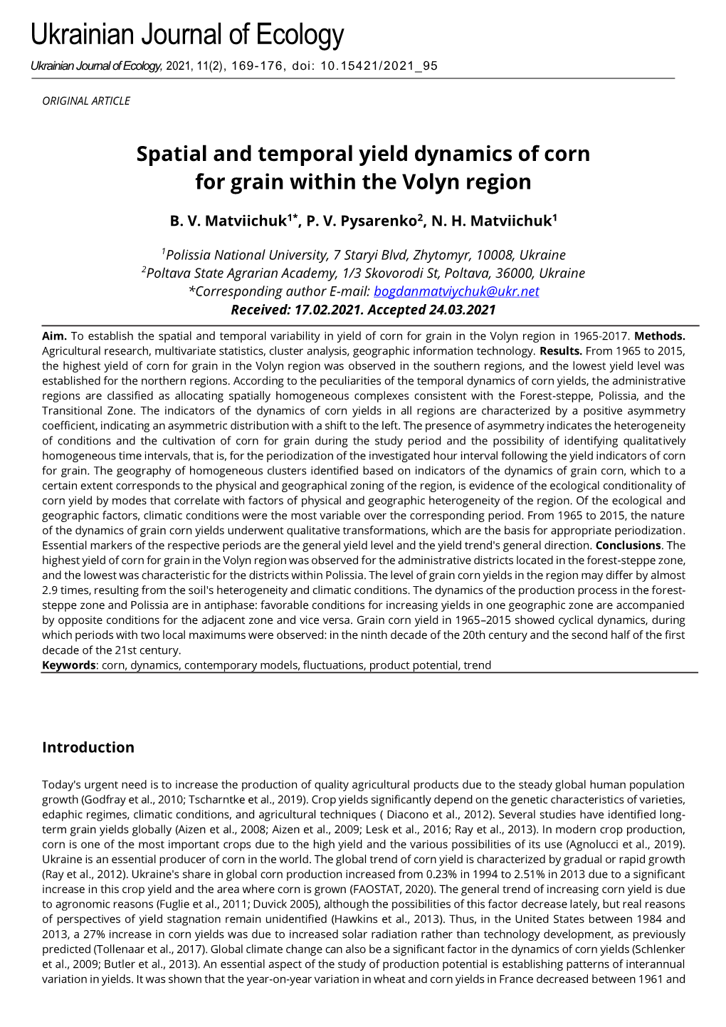 Spatial and Temporal Yield Dynamics of Corn for Grain Within the Volyn Region