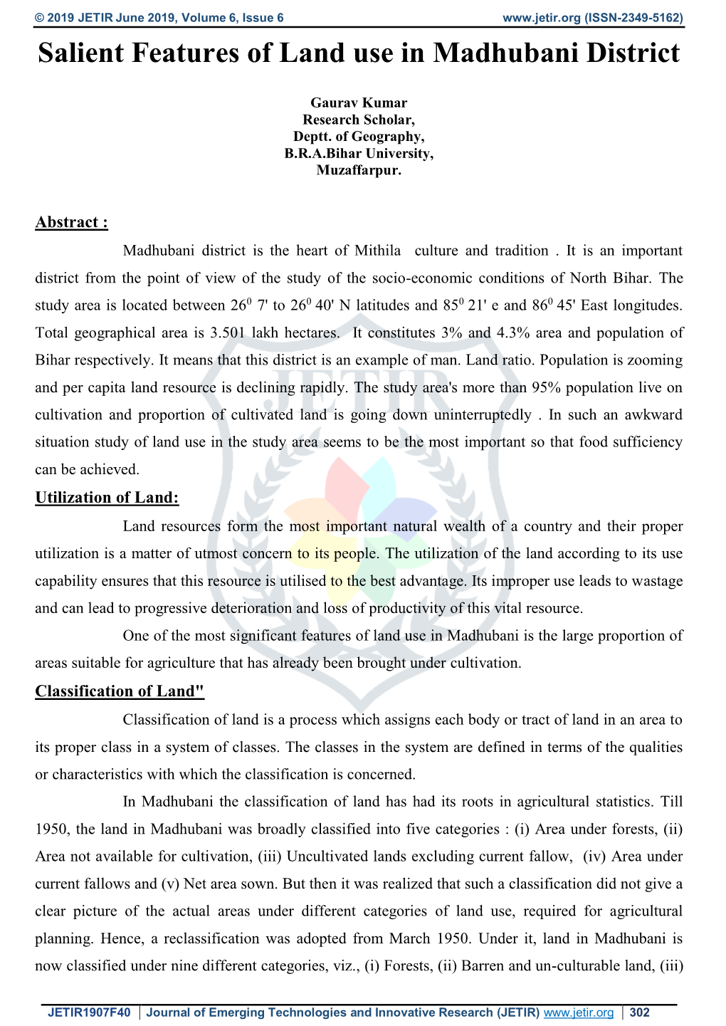 Salient Features of Land Use in Madhubani District