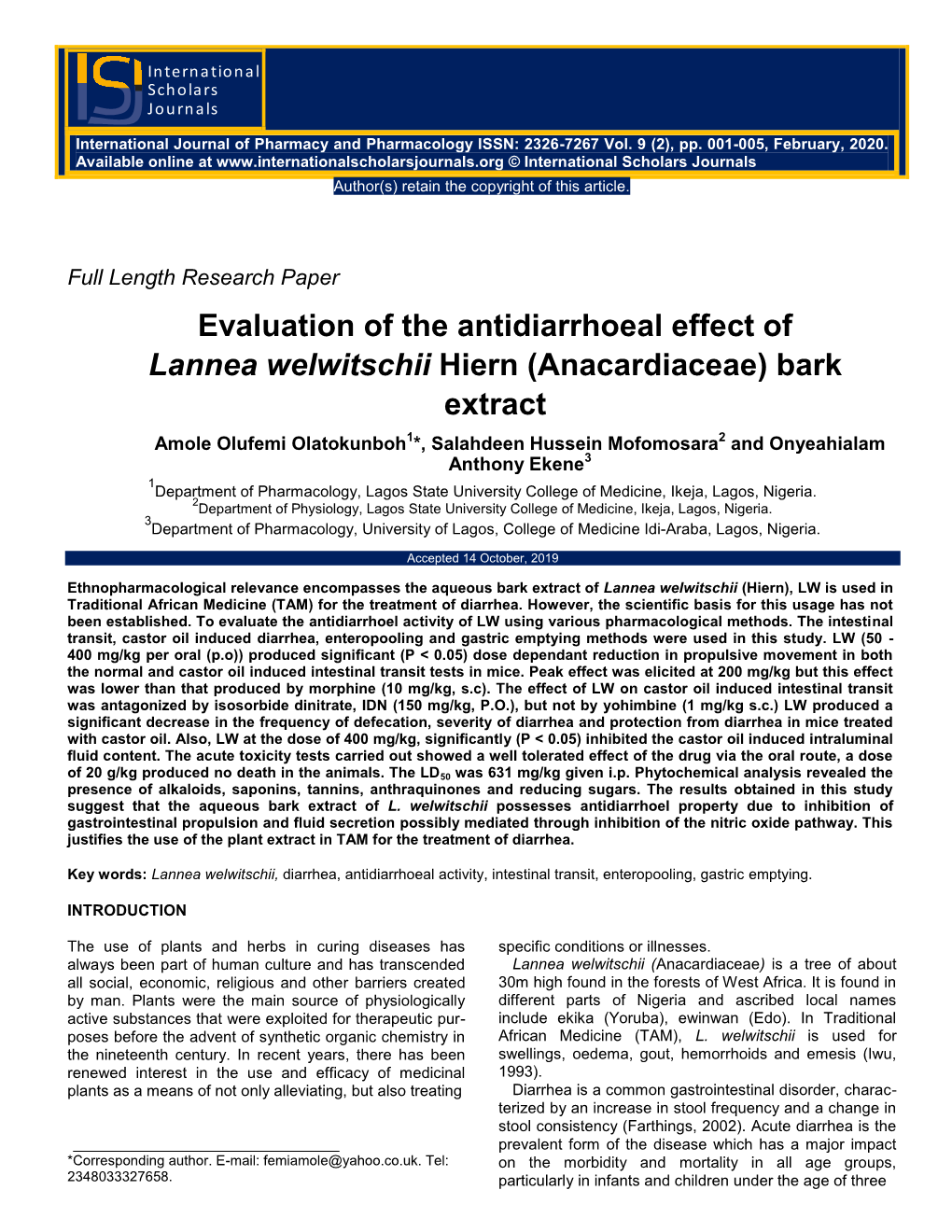 Evaluation of the Antidiarrhoeal Effect of Lannea Welwitschii Hiern (Anacardiaceae) Bark