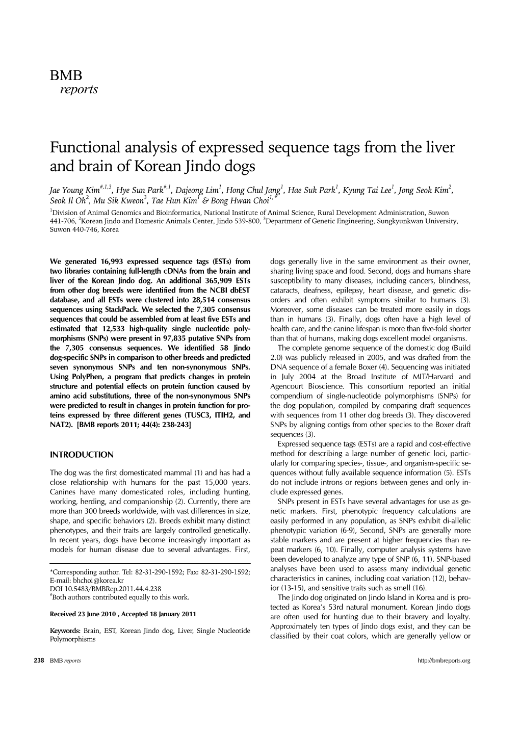 Functional Analysis of Expressed Sequence Tags from the Liver and Brain of Korean Jindo Dogs