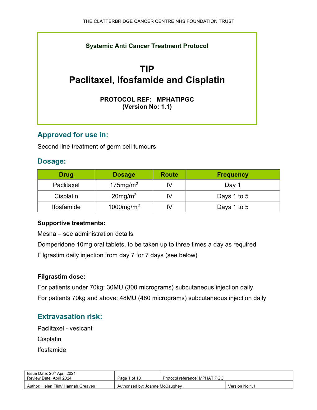 TIP- Paclitaxel, Ifosfamide and Cisplatin Protocol V1.1