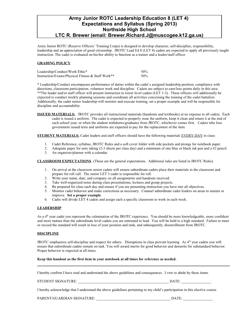 Army Junior ROTC LET 2 & 3 Expectations and Syllabus (SY 2001-02)