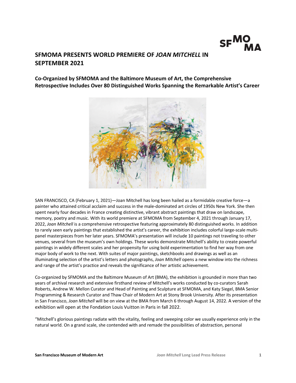 Sfmoma Presents World Premiere of Joan Mitchell in September 2021