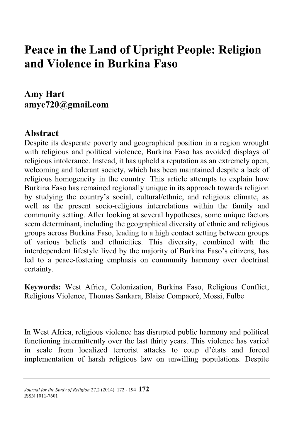 Peace in the Land of Upright People: Religion and Violence in Burkina Faso