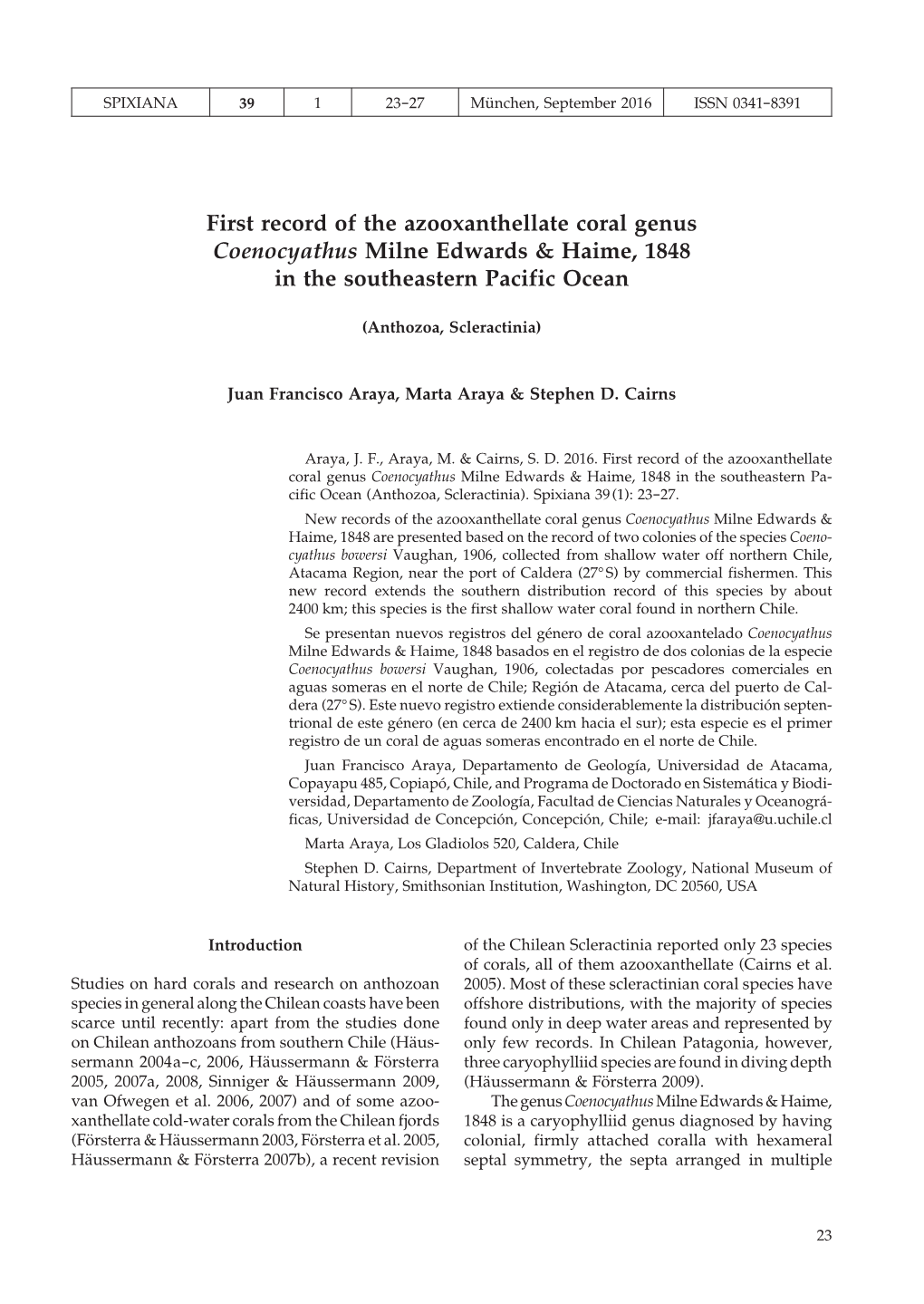 First Record of the Azooxanthellate Coral Genus Coenocyathus Milne Edwards & Haime, 1848 in the Southeastern Pacific Ocean