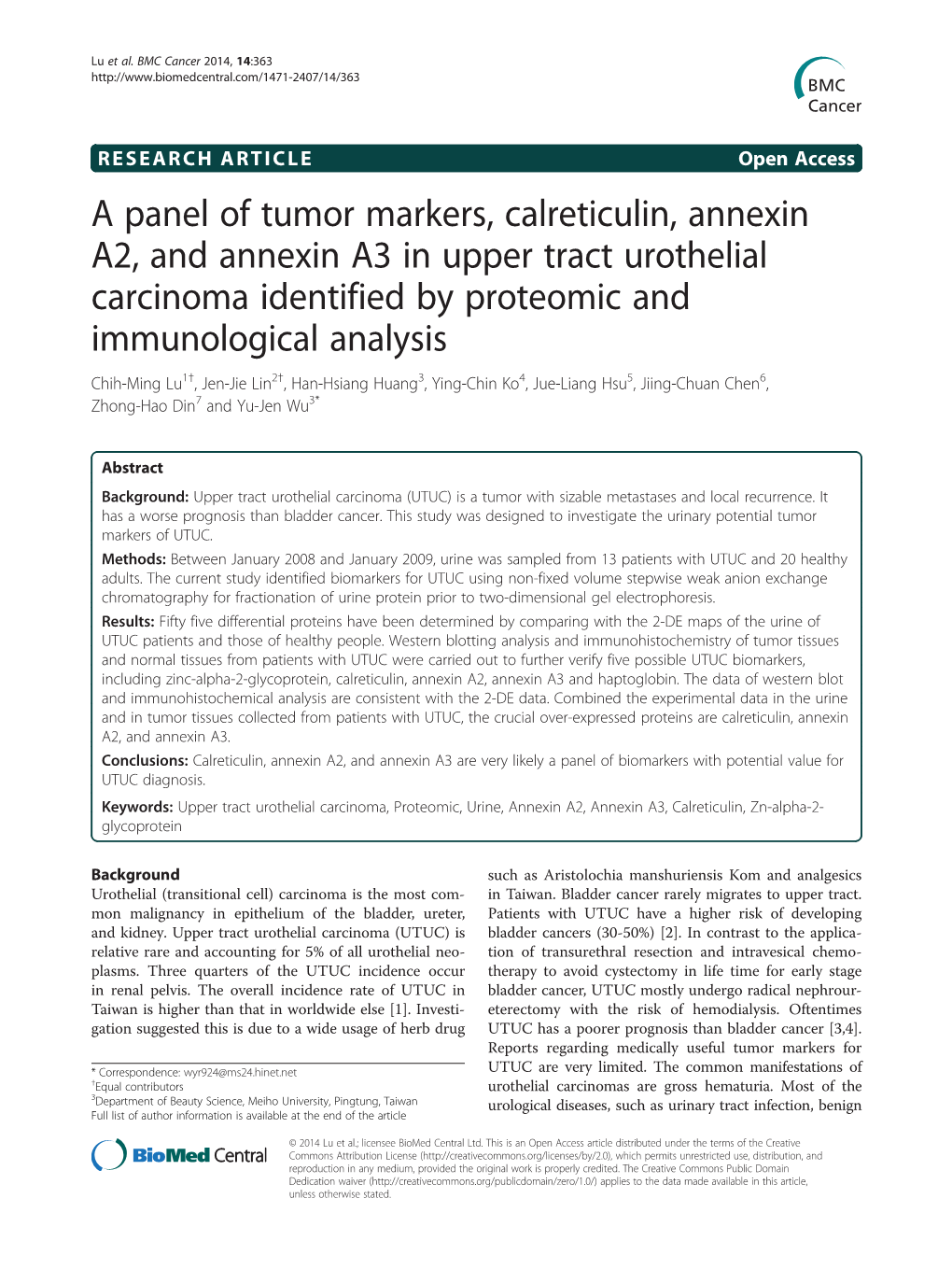 A Panel of Tumor Markers, Calreticulin, Annexin A2, and Annexin A3 In