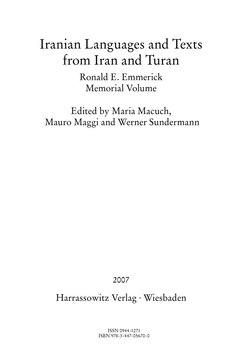 Iranian Languages and Texts from Iran and Turan Ronald E