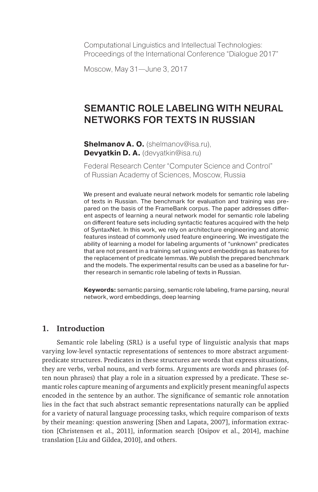 Semantic Role Labeling with Neural Networks for Texts in Russian