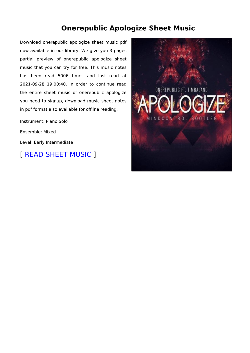 Onerepublic Apologize Sheet Music