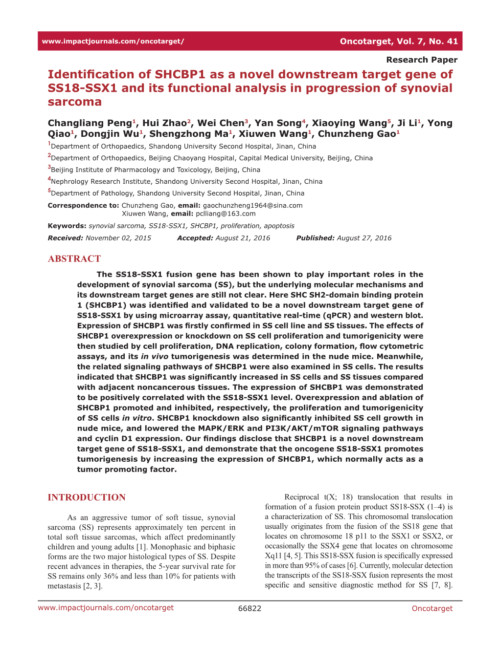 Identification of SHCBP1 As a Novel Downstream Target Gene of SS18-SSX1 and Its Functional Analysis in Progression of Synovial Sarcoma