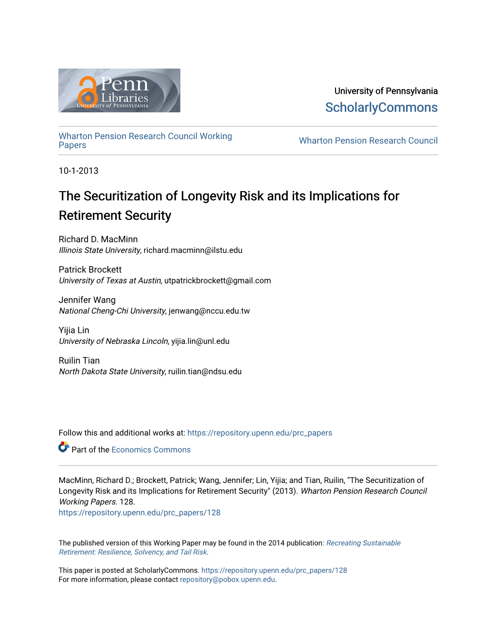 The Securitization of Longevity Risk and Its Implications for Retirement Security