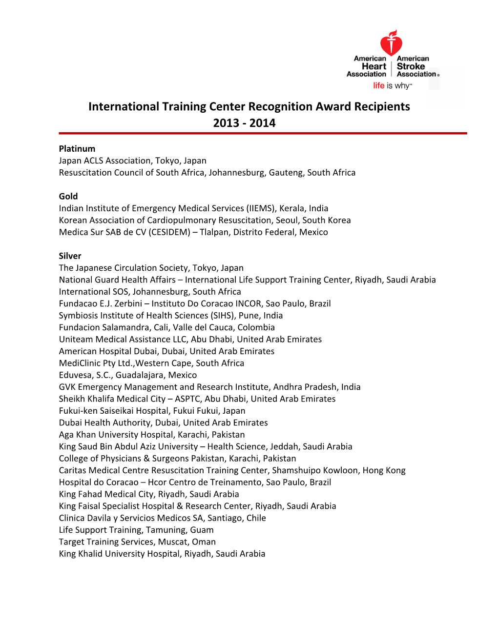 International Training Center Recognition Award Recipients 2013 ‐ 2014