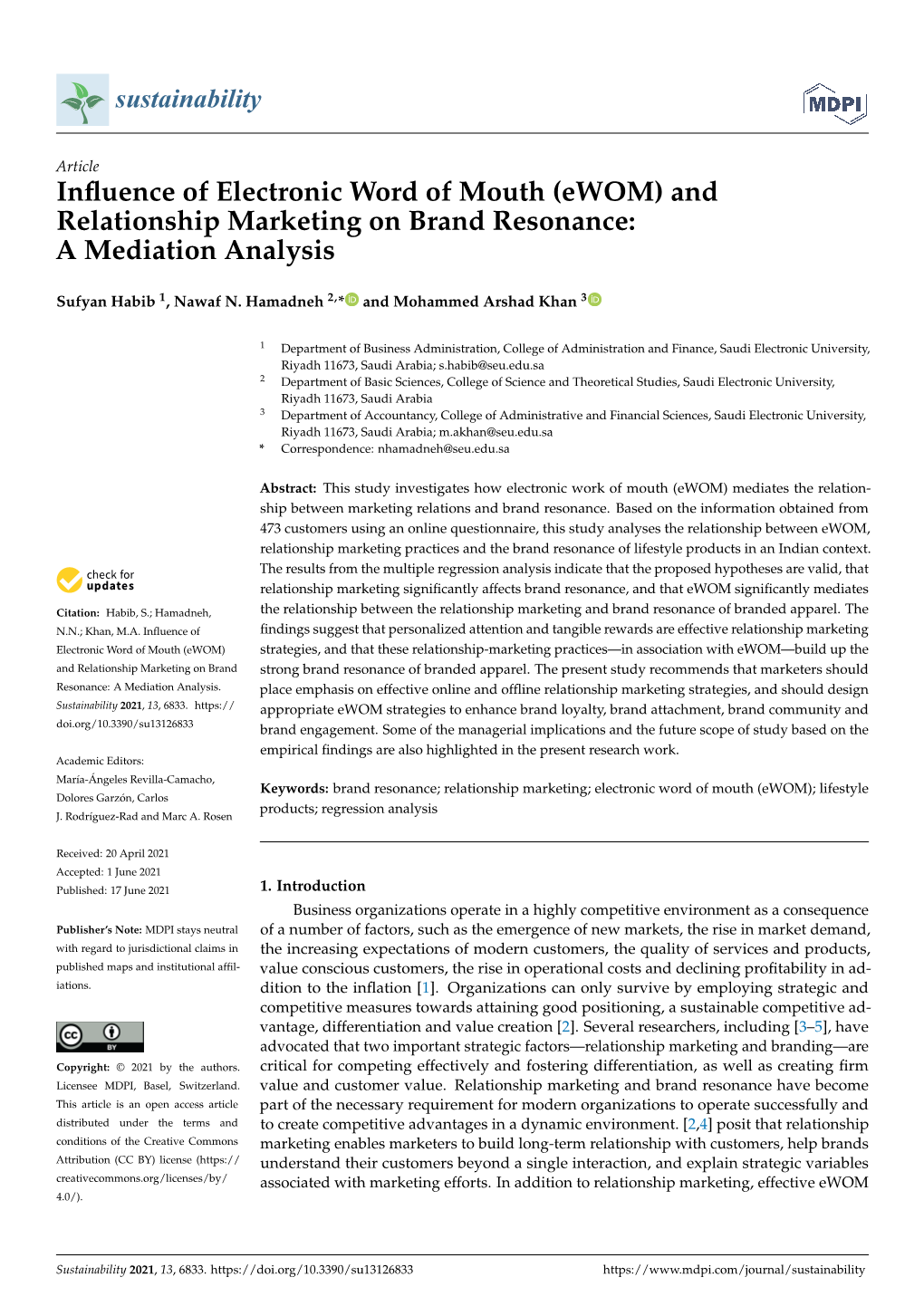 Influence of Electronic Word of Mouth (Ewom) and Relationship Marketing on Brand Resonance: a Mediation Analysis