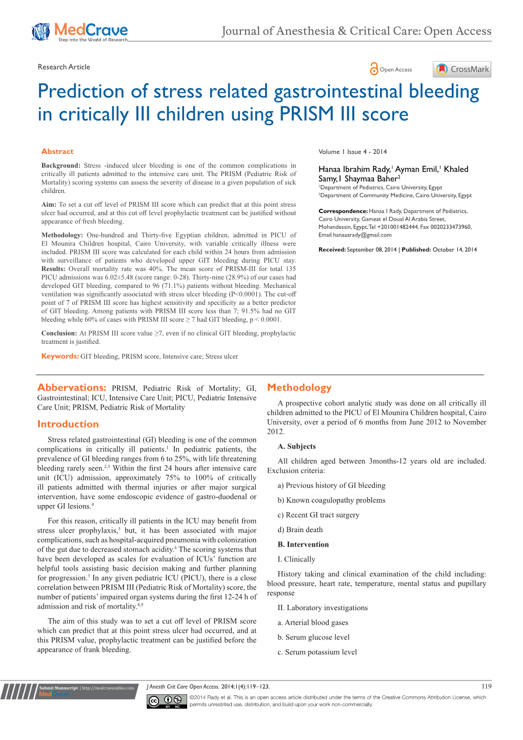 Prediction of Stress Related Gastrointestinal Bleeding in Critically III Children Using PRISM III Score