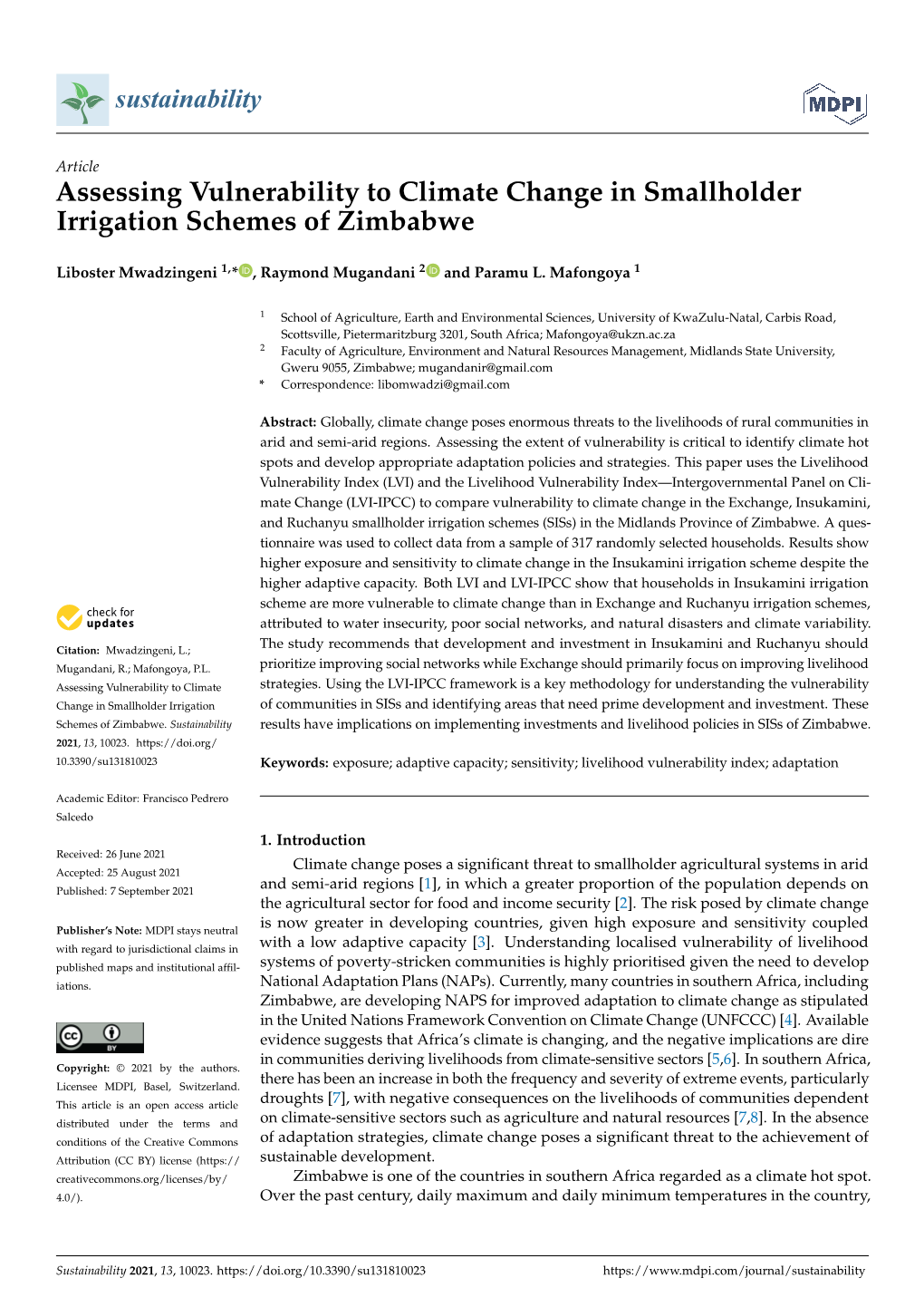 Assessing Vulnerability from Climate Change in Smallholder Irrigation