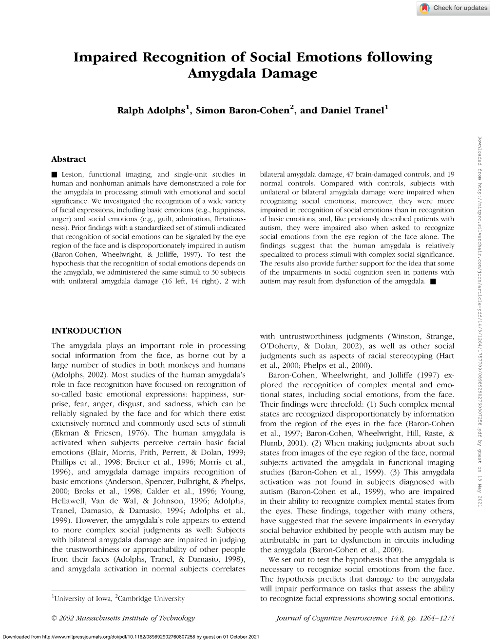 'Impaired Recognition of Social Emotions Following Amygdala