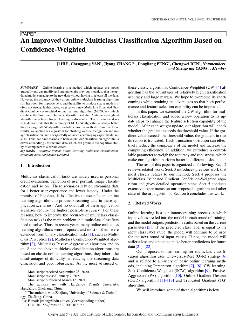 An Improved Online Multiclass Classification Algorithm Based on Confidence-Weighted 841