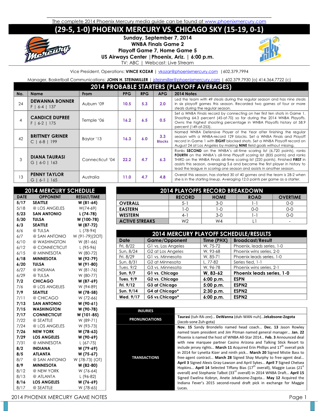 PHOENIX MERCURY VS. CHICAGO SKY (15-19, 0-1) Sunday, September 7, 2014 WNBA Finals Game 2 Playoff Game 7, Home Game 5 US Airways Center |Phoenix, Ariz