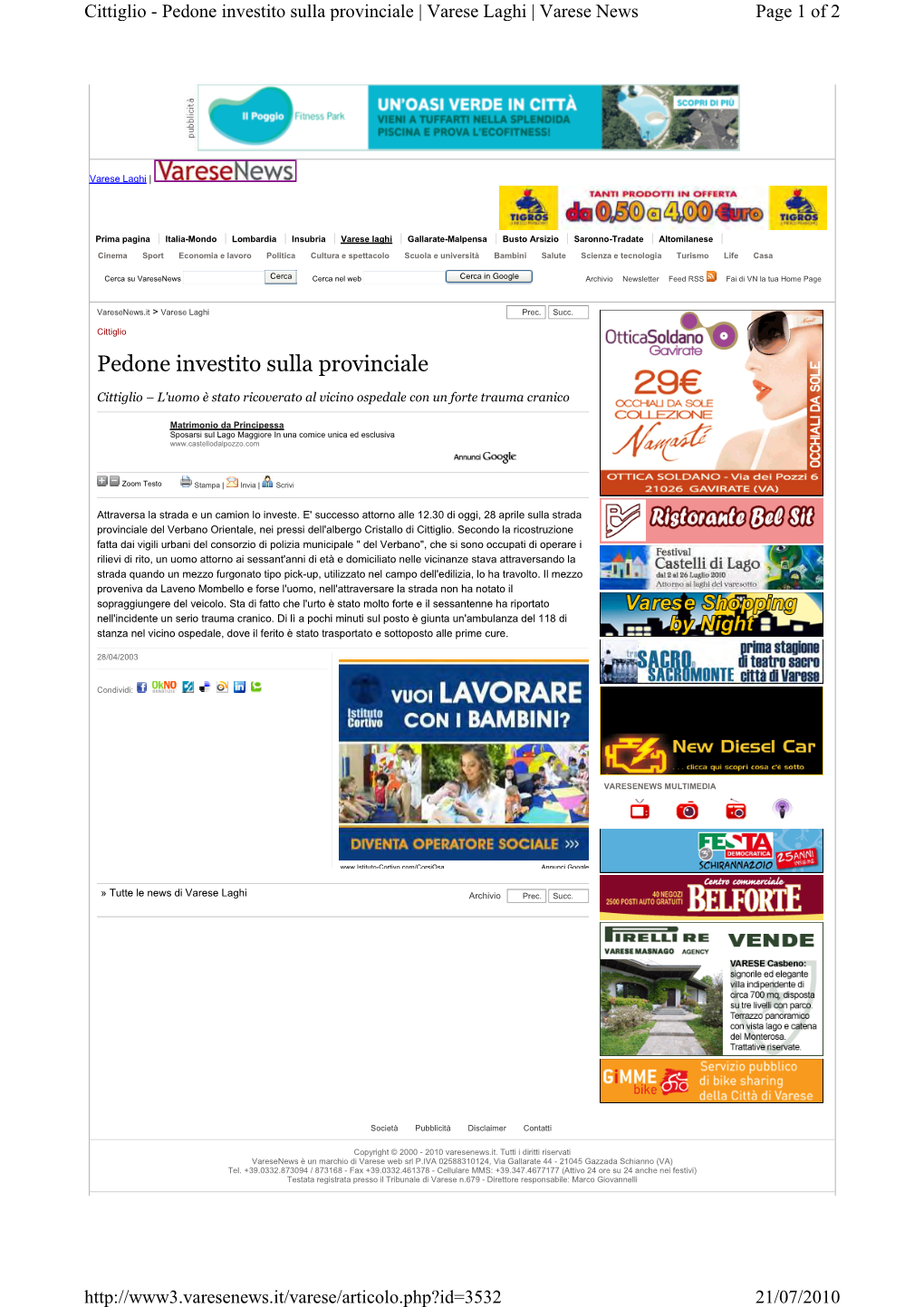 Pedone Investito Sulla Provinciale | Varese Laghi | Varese News Page 1 of 2