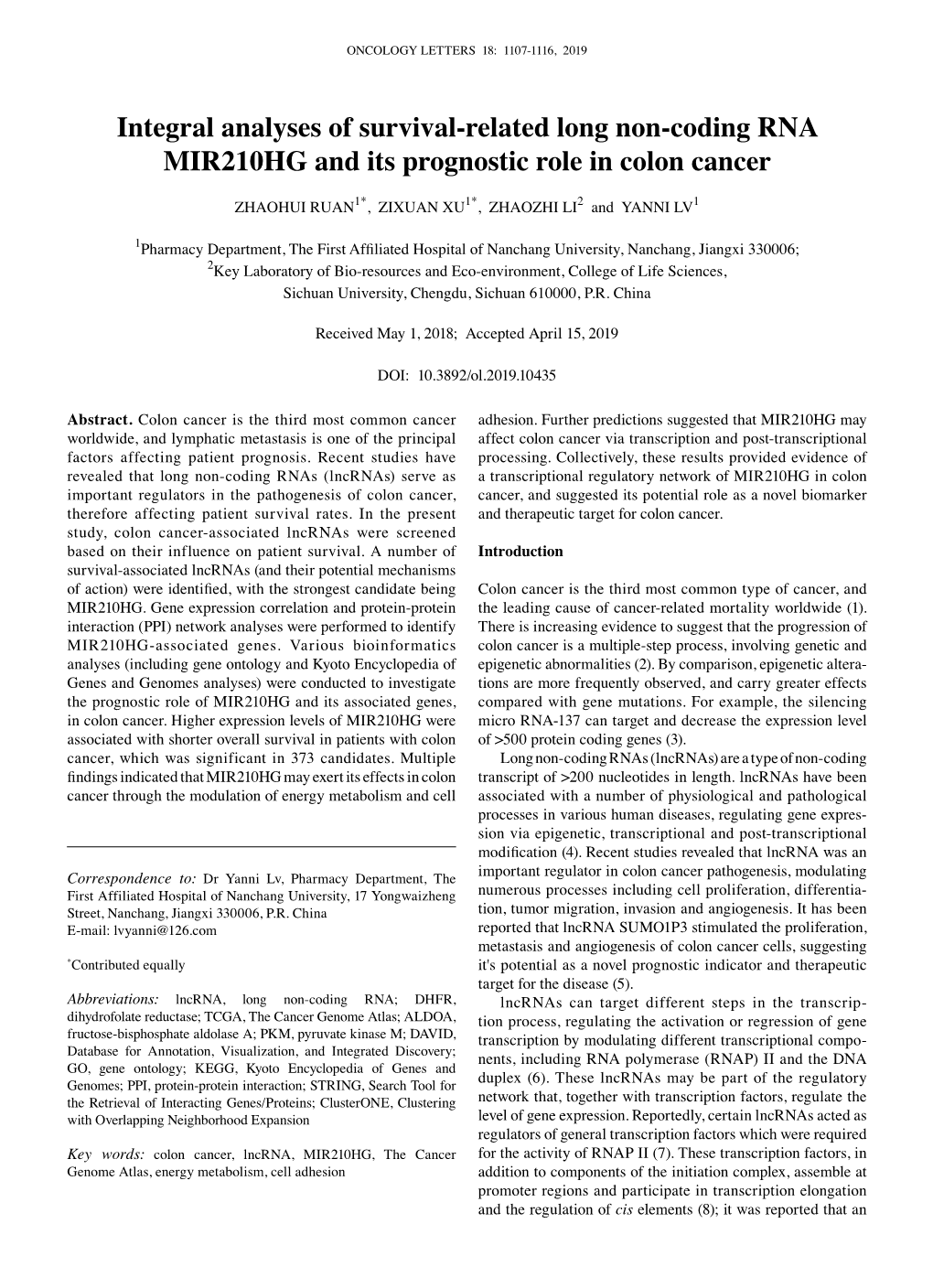 Integral Analyses of Survival‑Related Long Non‑Coding RNA MIR210HG and Its Prognostic Role in Colon Cancer