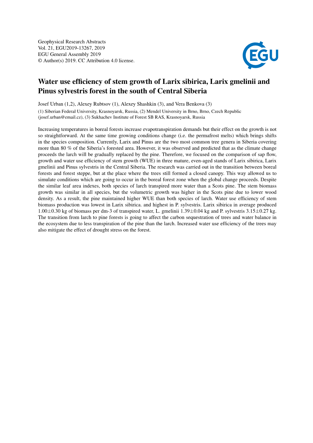 Water Use Efficiency of Stem Growth of Larix Sibirica, Larix Gmelinii And