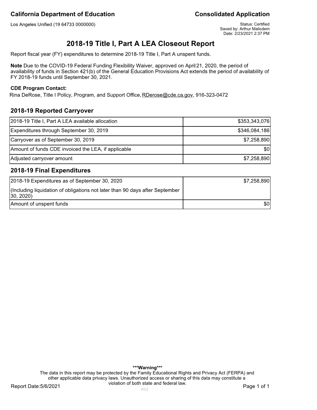 2018-19 Title I, Part a LEA Closeout Report Report Fiscal Year (FY) Expenditures to Determine 2018-19 Title I, Part a Unspent Funds