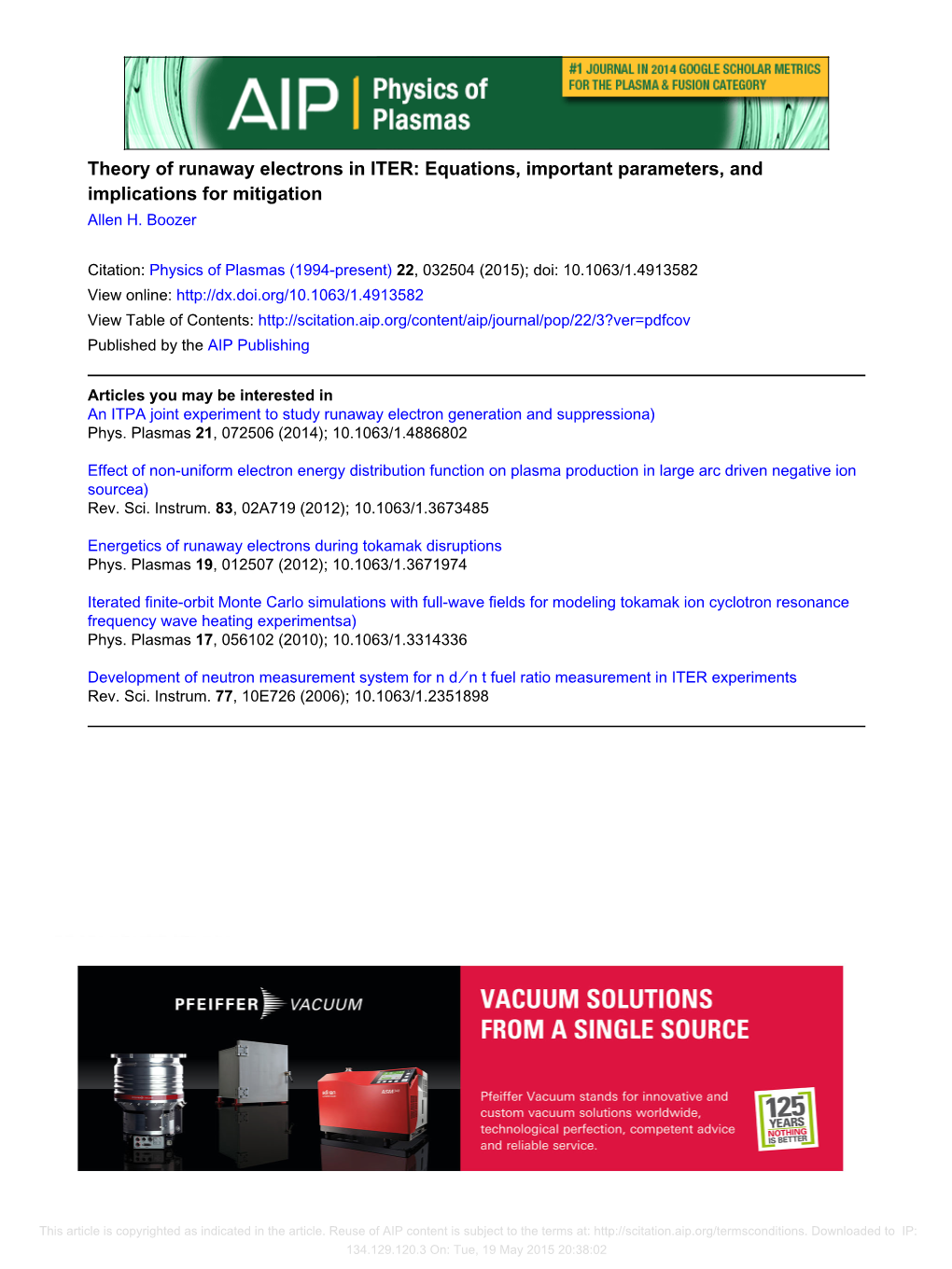 Theory of Runaway Electrons in ITER: Equations, Important Parameters, and Implications for Mitigation Allen H