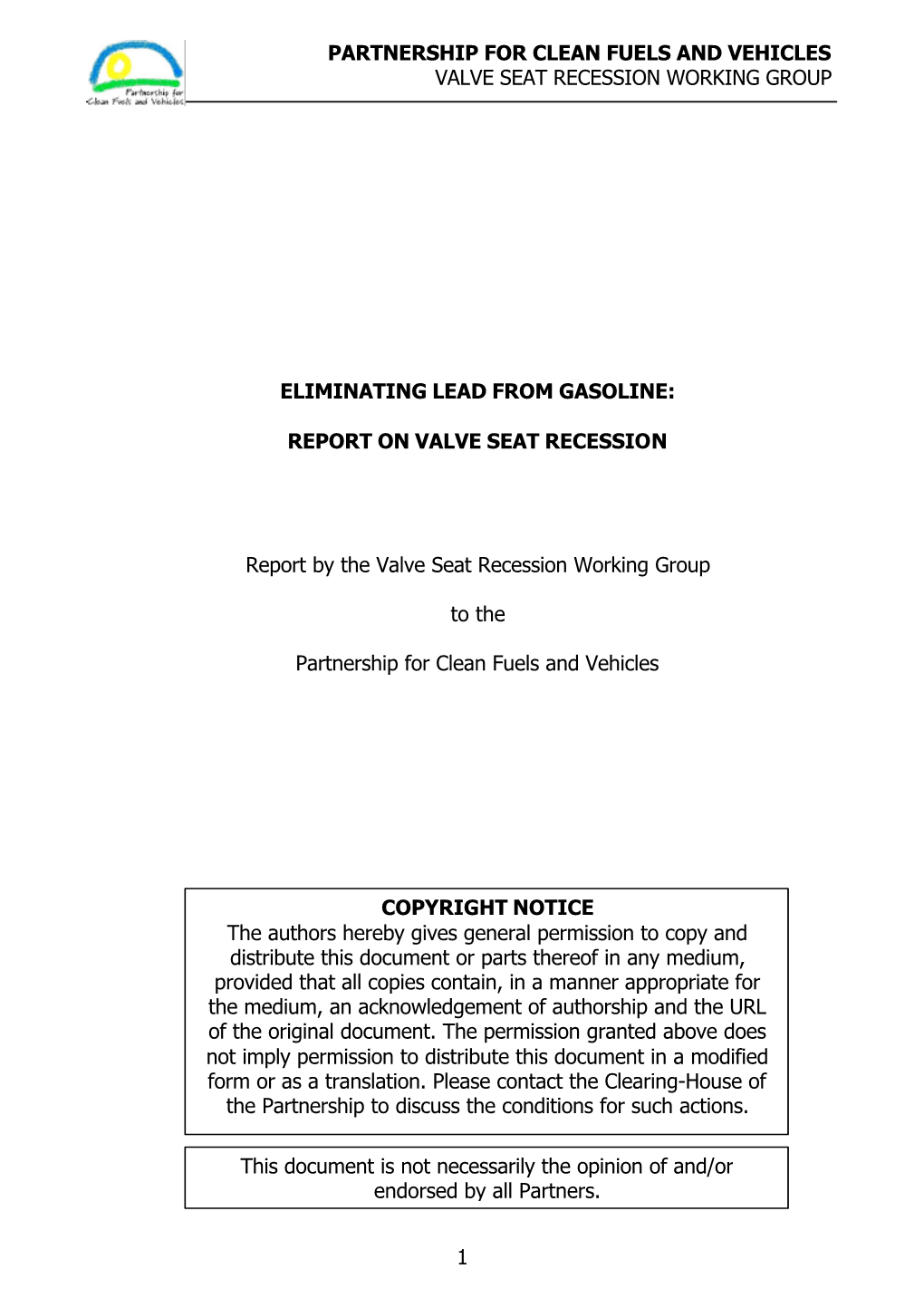 Eliminating Lead from Gasoline: Partnership for Clean Fuels and Vehicles Report on Valve Seat Recession