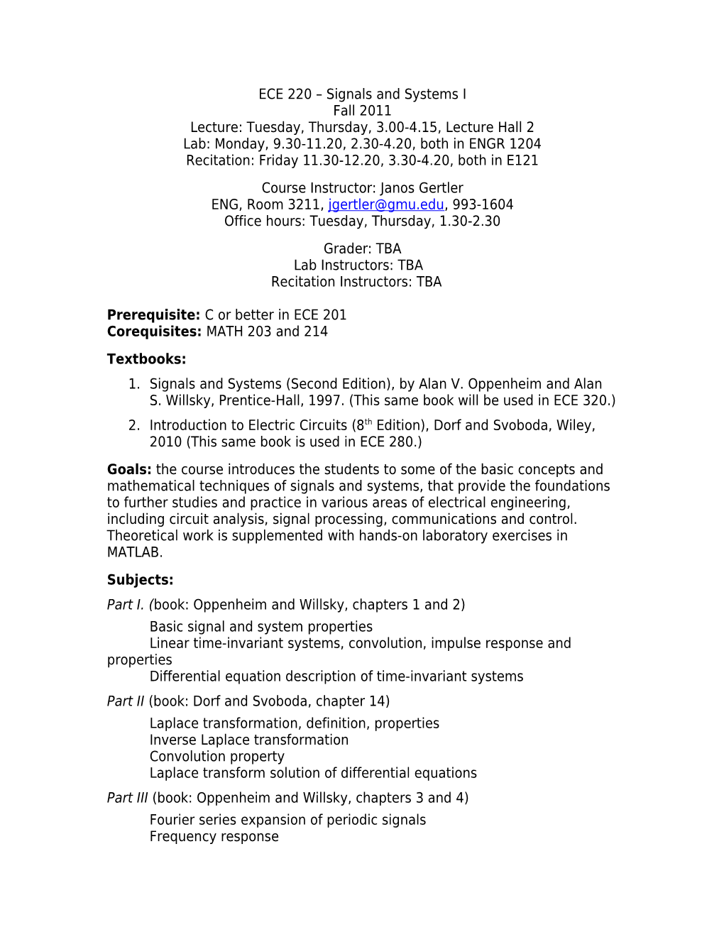 ECE 220 Signals and Systems I