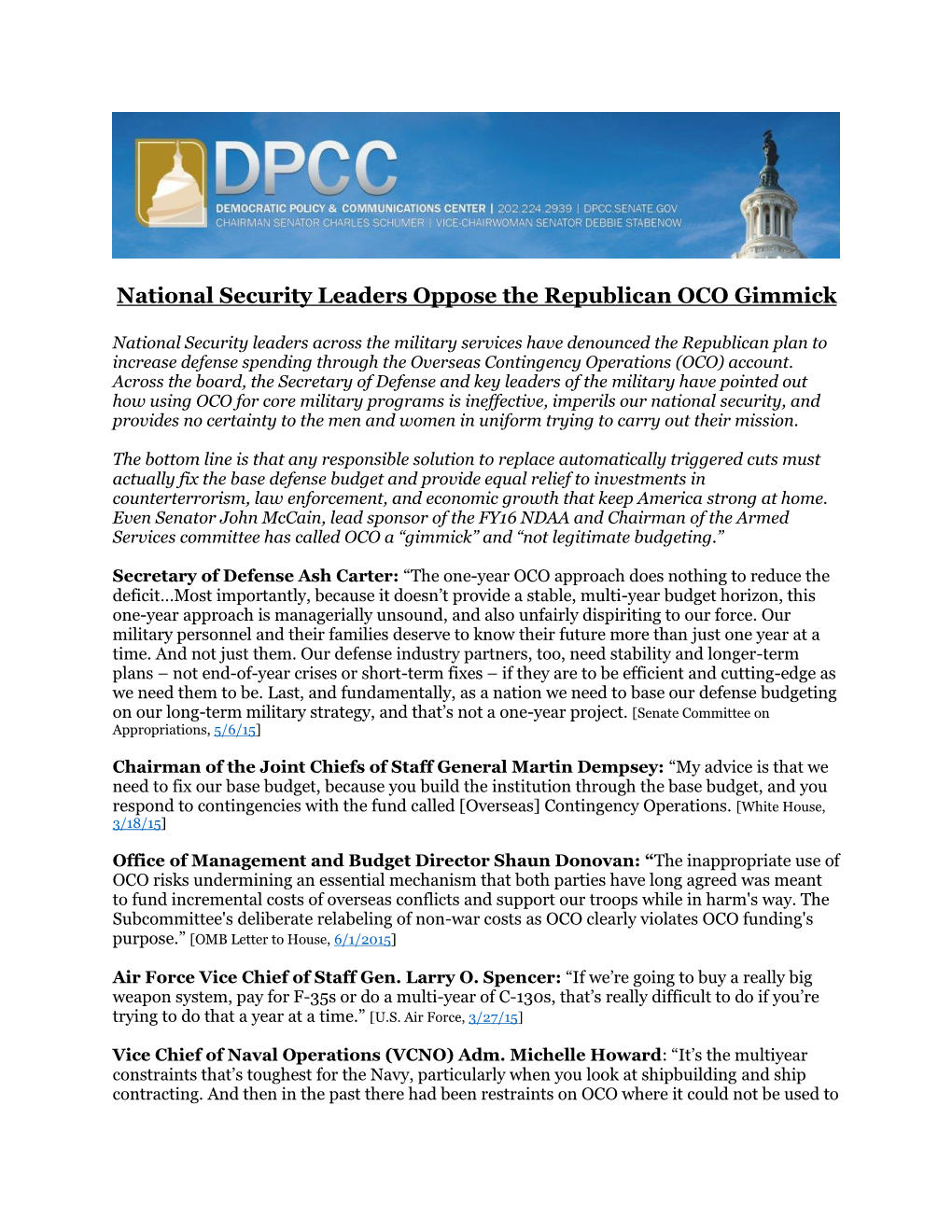 National Security Leaders Oppose the Republican OCO Gimmick
