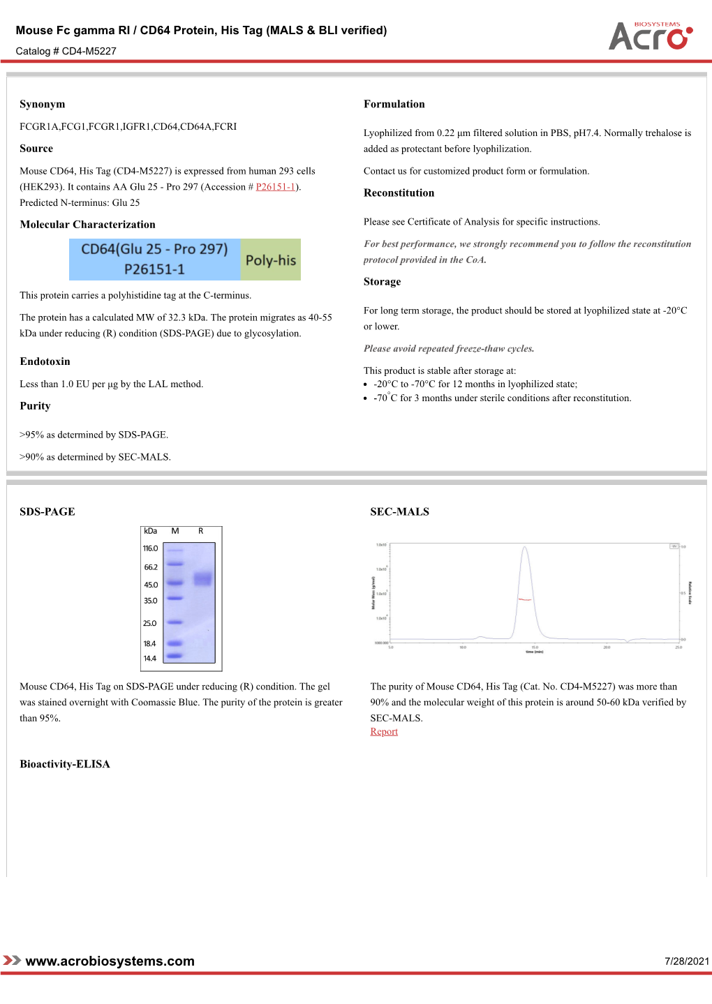 Mouse Fc Gamma RI / CD64 Protein, His Tag (MALS & BLI Verified)