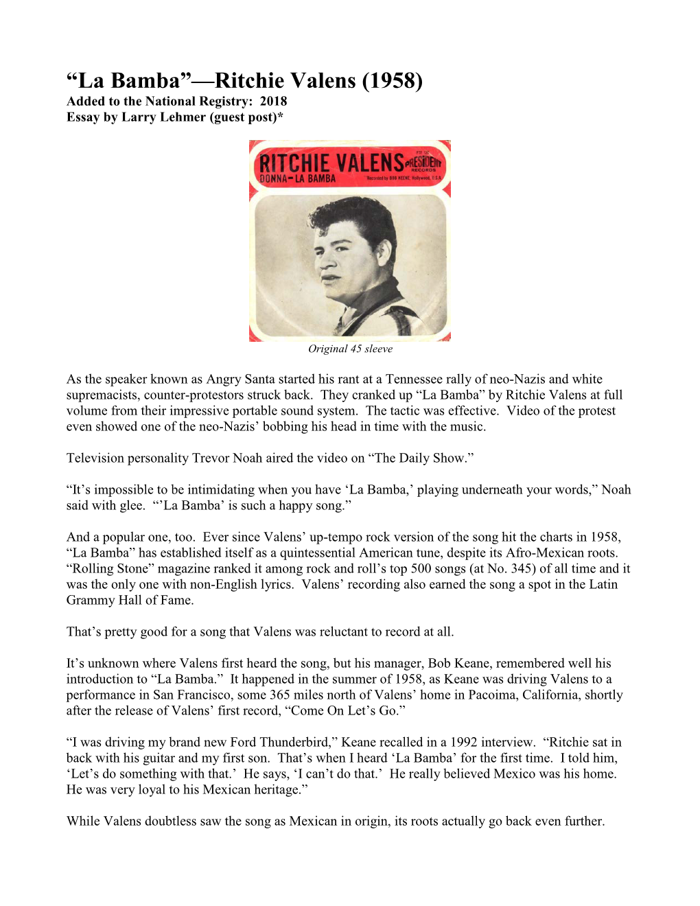 La Bamba”—Ritchie Valens (1958) Added to the National Registry: 2018 Essay by Larry Lehmer (Guest Post)*