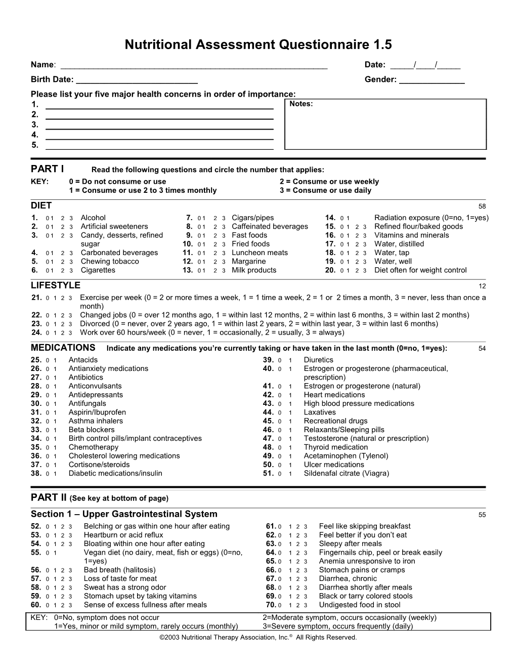 Nutritional Assessment Questionnaire