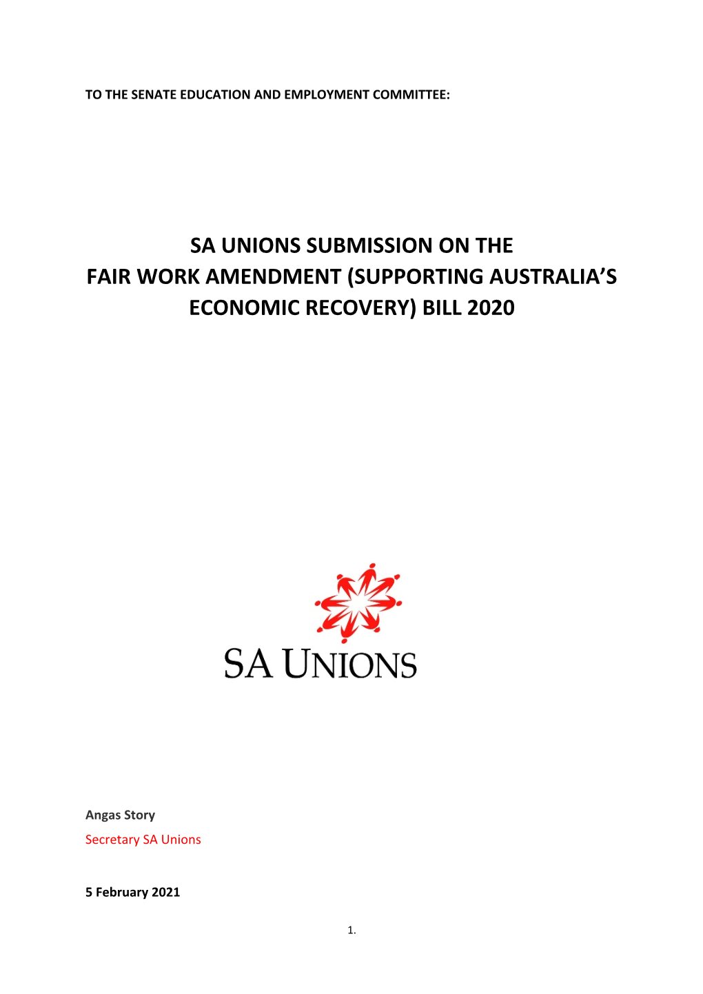 Sa Unions Submission on the Fair Work Amendment (Supporting Australia’S Economic Recovery) Bill 2020
