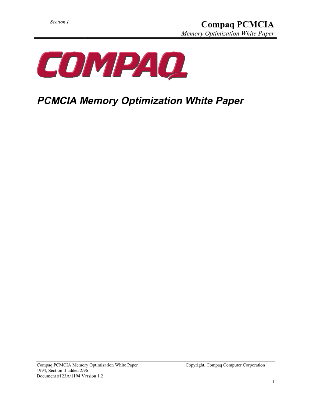 Compaq PCMCIA Memory Optimization White Paper