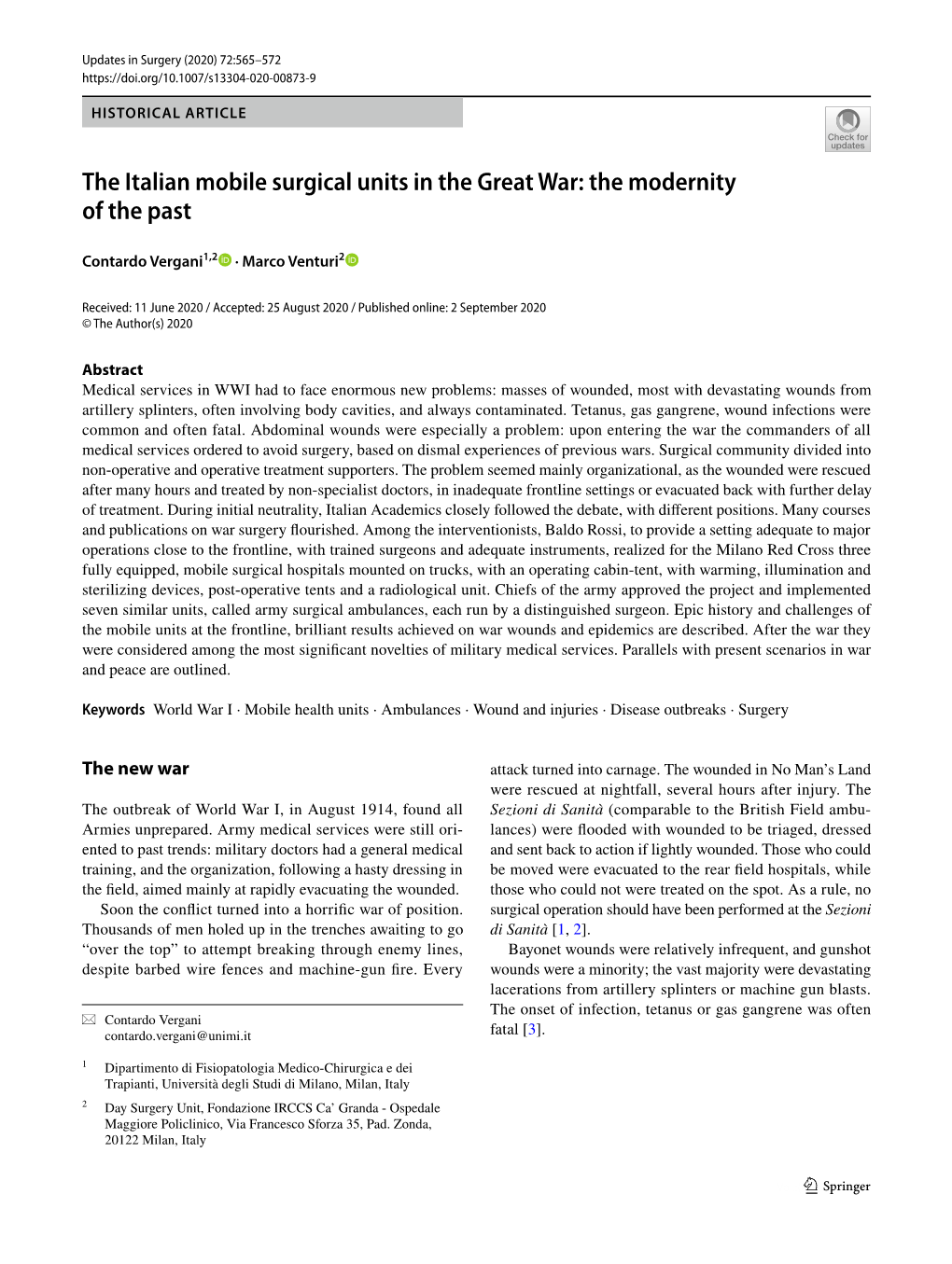 The Italian Mobile Surgical Units in the Great War: the Modernity of the Past