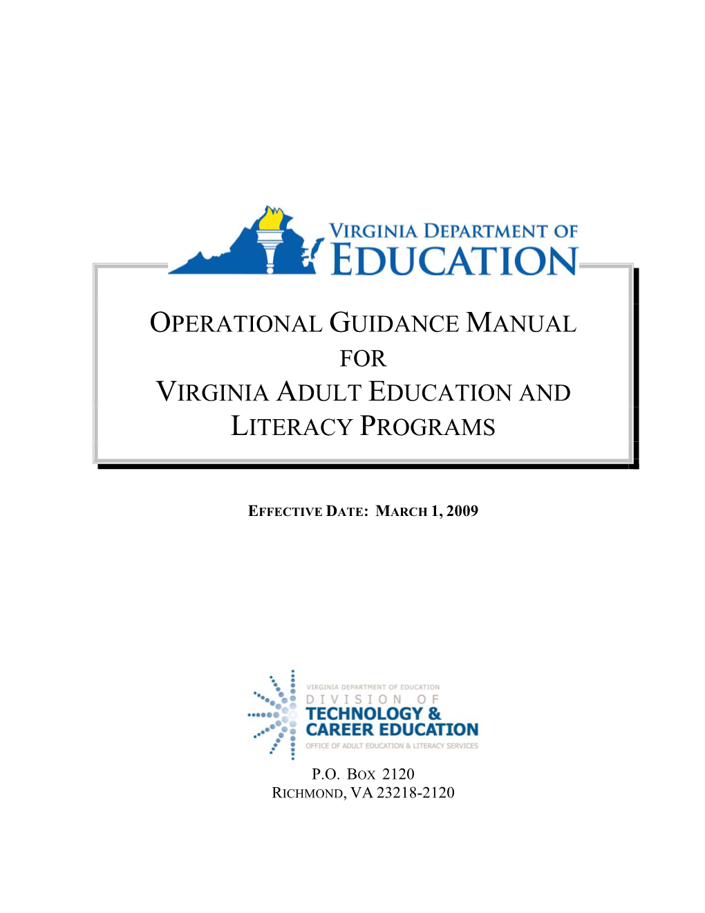 Operational Guidance Manual for Virginia Adult Education and Literacy Programs